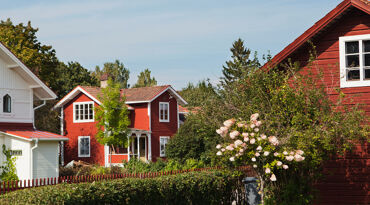 Villakvarter med vita och röda hus. Grönskande trädgård i förgrunden.
