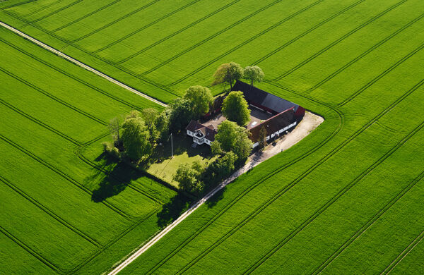 Flygfoto över gård omgiven av klargröna åkrar
