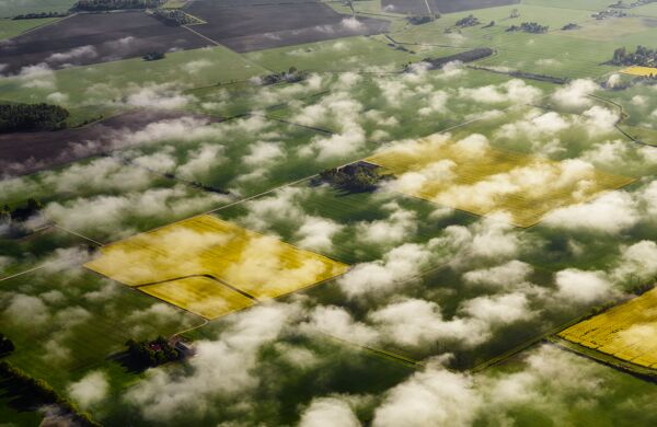 Flygfoto över åker med moln i förgrunden